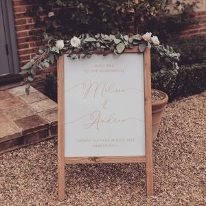 Beautiful Wedding Welcome Sign Free Standing Wooden with Flower Arrangement on top