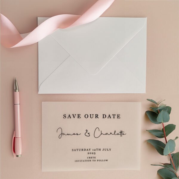 Translucent vellum save the date laid out on a blush background with cream ribbon and eucalyptus