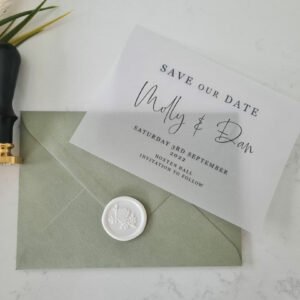 Vellum A6 Save the Date on a Sage Green Envelope with a Ivory Wax Seal
