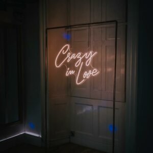Crazy In Love Neon Sign hanging from Copper Arch at evening wedding