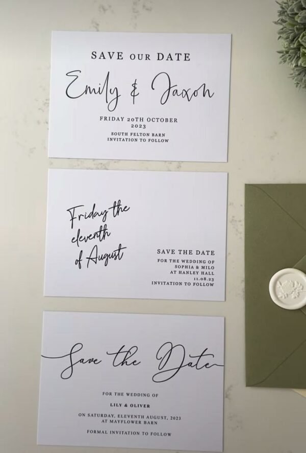 Save the Date cards laid out next to a Sage Envelope and Wax Seal